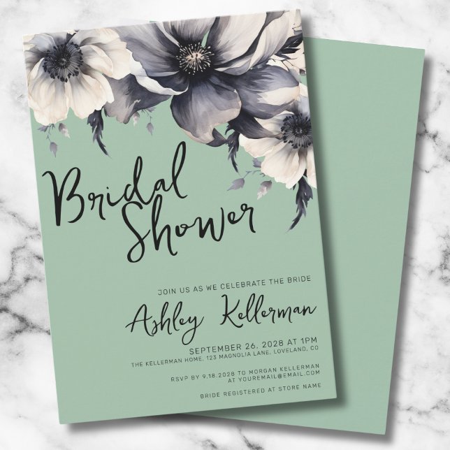 Invitación Boho Sage Green Bridal Shower Fiesta (Chic Elegant Floral Sage Green Bridal Shower Party Invitation)