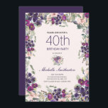 Invitación Boho Sage Green deja 40 una floral rosada morada<br><div class="desc">Hermosa invitación de cumpleaños 40 estilo boho para mujeres con hermosas flores de color morado y rosa de color agua y hojas verdes de salvia sobre un suave fondo rosado.</div>