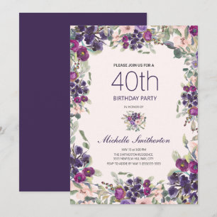 Invitación Boho Sage Green deja 40 una floral rosada morada