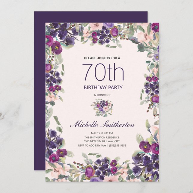 Invitación Boho Sage Green deja 70 una floral rosada púrpura (Anverso / Reverso)