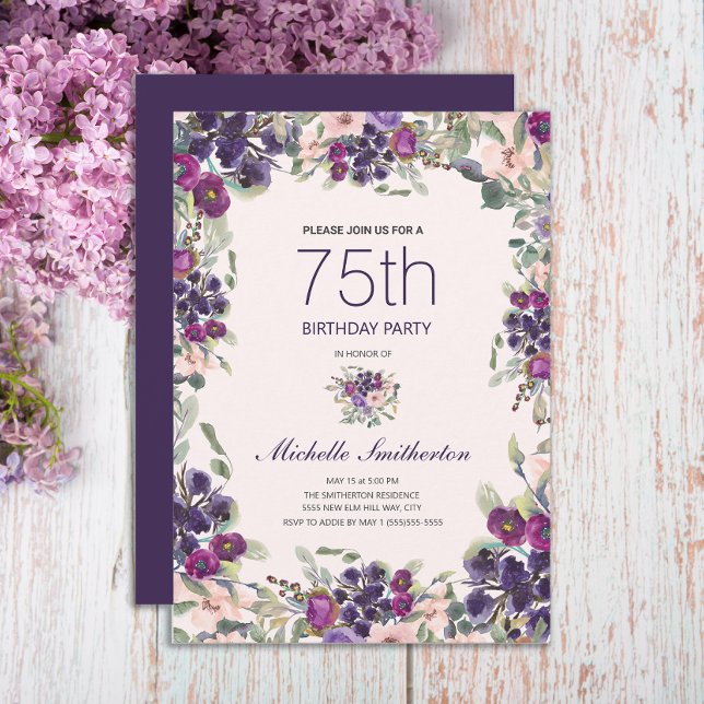 Invitación Boho Sage Green deja la floral púrpura rosa 75 (Elegant purple and pink watercolor floral 75th birthday party invitation)