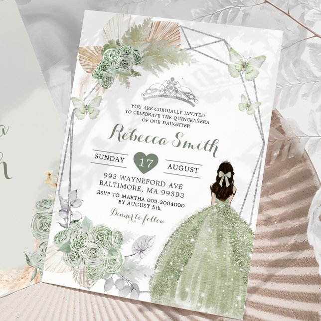 Invitación Boho Sage Green Floral Geométrica Quinceañera (Subido por el creador)