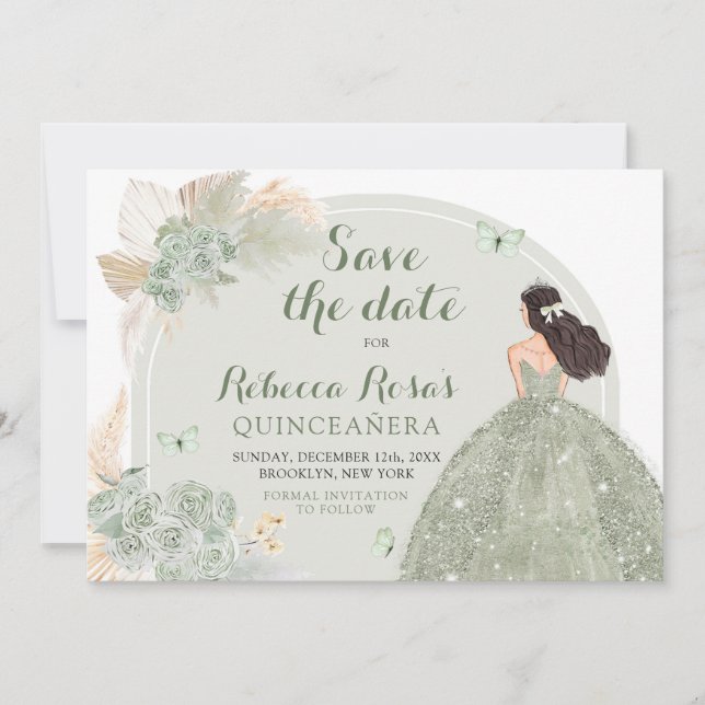 Invitación Boho Sage Green Floral Quinceañera Salva La Fecha (Anverso)