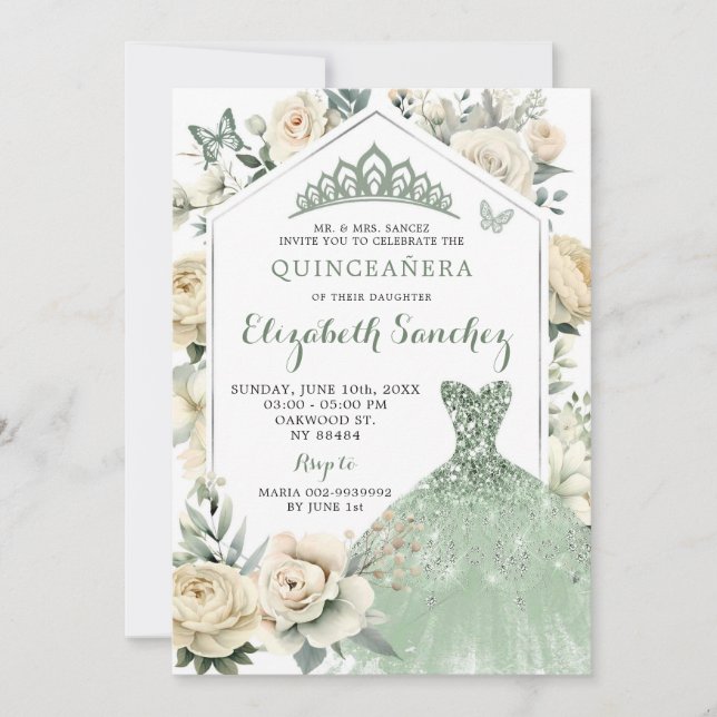 Invitación Boho Sage Green Ivory Quinceañera Royale (Anverso)