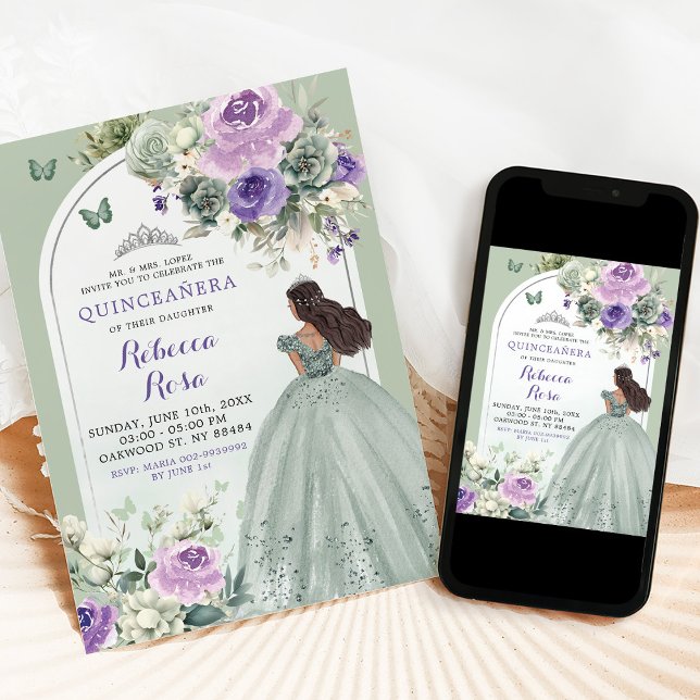 Invitación Boho Sage Green Lavender Floral Quinceañera (Subido por el creador)