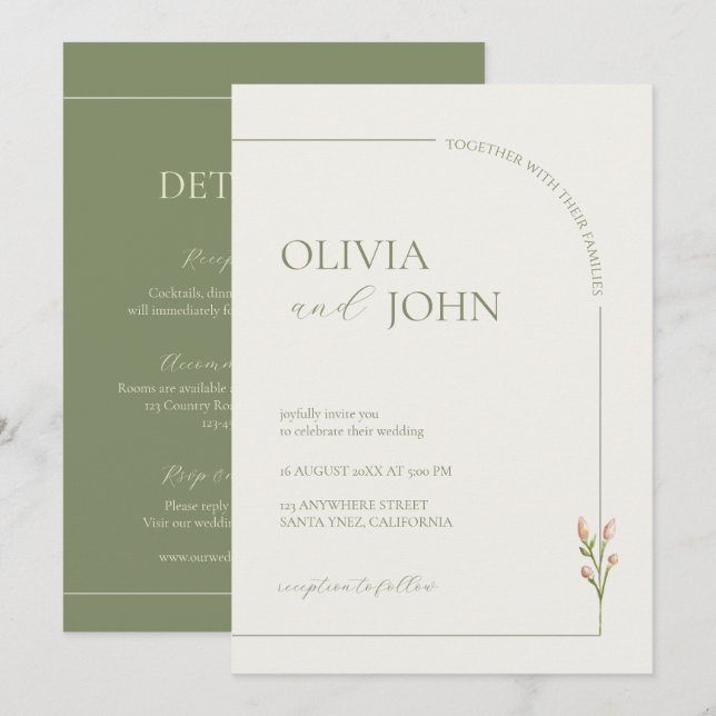 Invitación Boho Sage Green & Linen Arch Minimalist w Details (Anverso / Reverso)