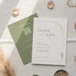 Invitación Boho Sage Green & Linen Minimalist w Details & QR