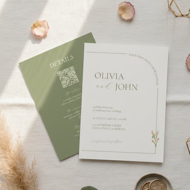 Invitación Boho Sage Green & Linen Minimalist w Details & QR  (Subido por el creador)