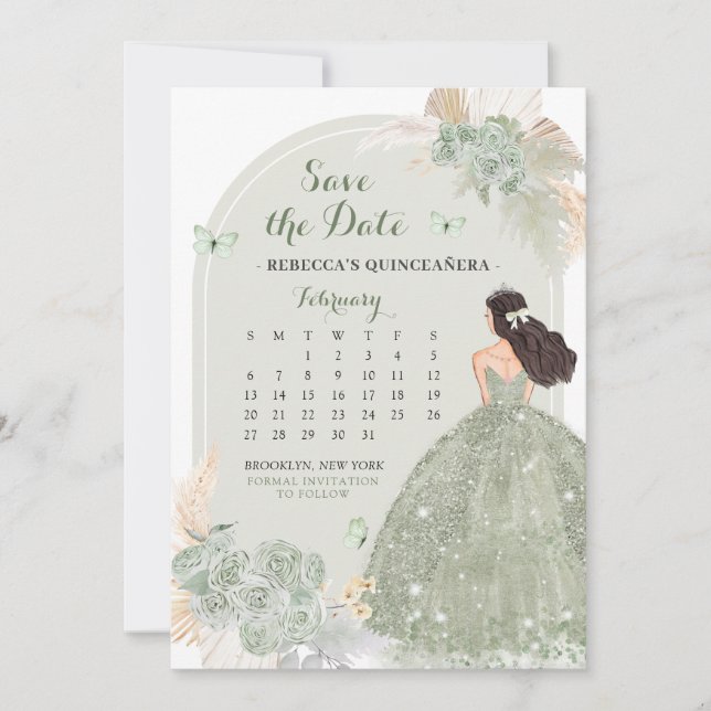 Invitación Boho Sage Green Mis Quince Guardar El Calendario D (Anverso)