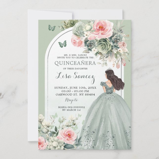 Invitación Boho Sage Green Pink Floral Princesa Quinceañera (Anverso)