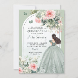 Invitación Boho Sage Green Pink Floral Princesa Quinceañera