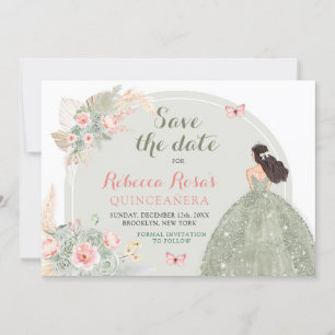 Invitación Boho Sage Green Pink Quinceañera Salva La Fecha