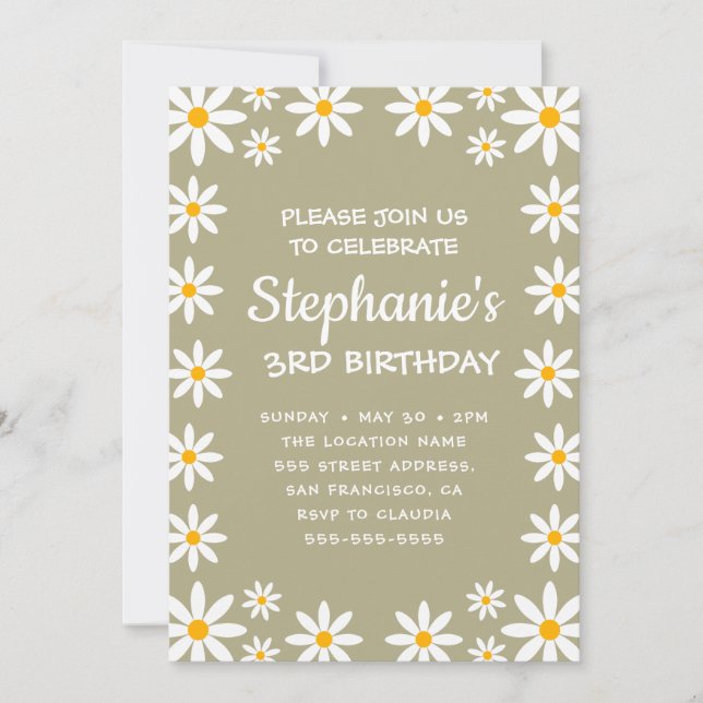 Invitación Boho Sage Green Retro Daisies Birthay Fiesta (Anverso)