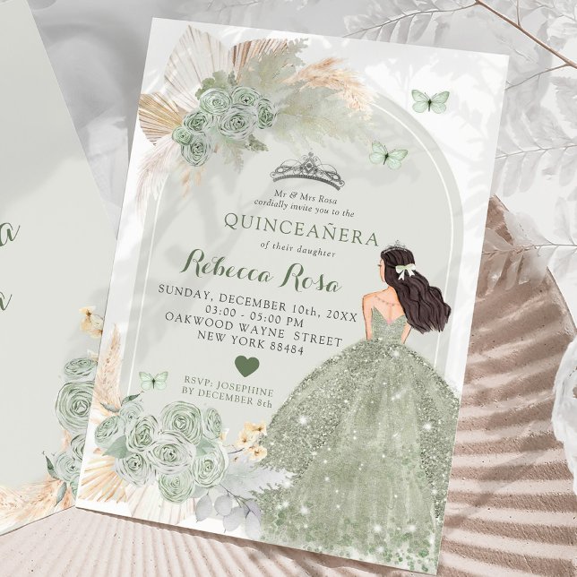 Invitación Boho Sage Green Rosas Vestidos Princesa Quinceañer (Subido por el creador)