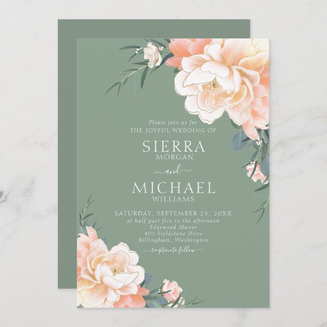 Invitación Boho Sage Green Rubor Peach Cream Floral Boda (Anverso / Reverso)