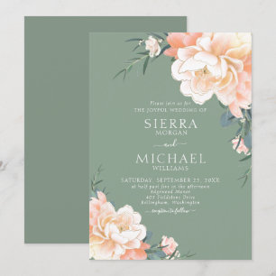 Invitación Boho Sage Green Rubor Peach Cream Floral Boda