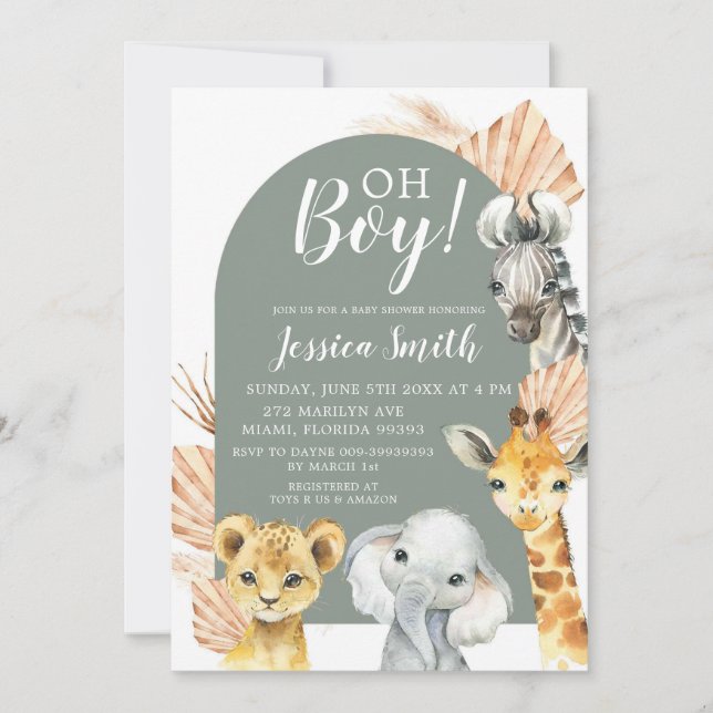 Invitación Boho Sage Green Safari Oh Boy Baby Shower (Anverso)