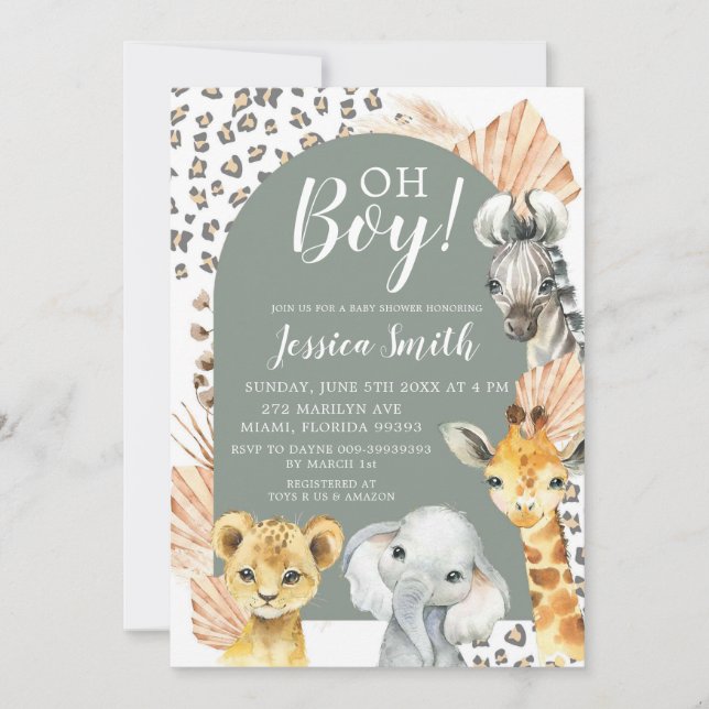 Invitación Boho Sage Green Safari Oh Boy Baby Shower (Anverso)