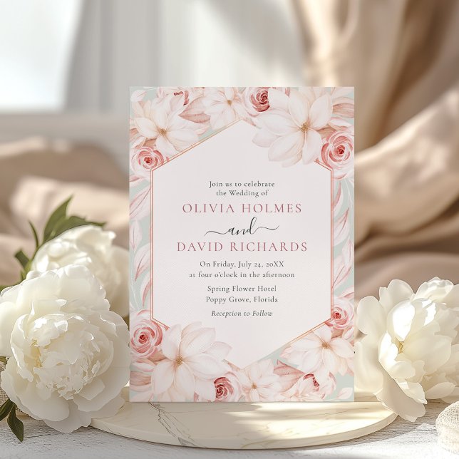 Invitación Boho Sage Green y Boda floral rosa Rubor (Boho Sage Green and Blush Pink Floral Wedding Invitation on an elegant table with white peonies)