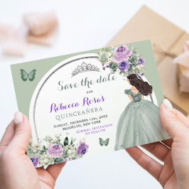 Invitación Boho Sage Purple Floral Quinceañera Salva La Fecha