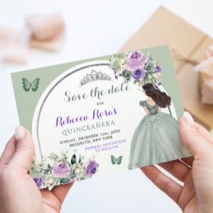 Invitación Boho Sage Purple Floral Quinceañera Salva La Fecha