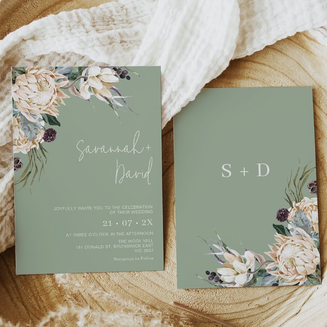 Invitación Boho Sage White Protea Pampas Grass Boda (White king protea wedding invitation with large floral arrangement on a sage colored background.)