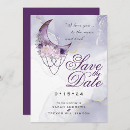 Invitación Boho salva la fecha Moon morado de la media luna