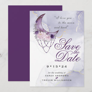Invitación Boho salva la fecha Moon morado de la media luna