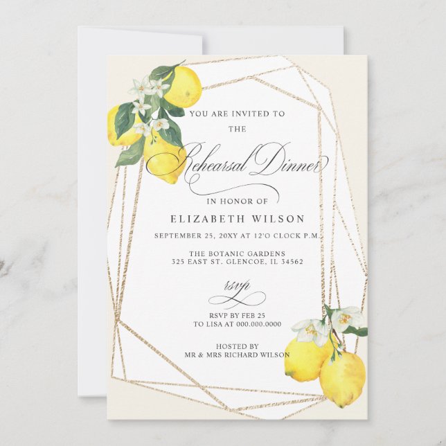 Invitación Boho Script Lemon Citrus Verano Ensayo Cena (Anverso)
