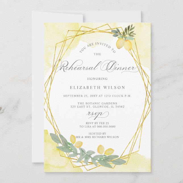 Invitación Boho Script Lemon Citrus Verano Ensayo Cena (Anverso)