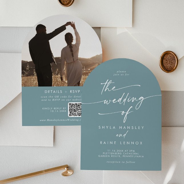 Invitación Boho Seafoam Foto Verde azulada Boda de arco de có (Subido por el creador)