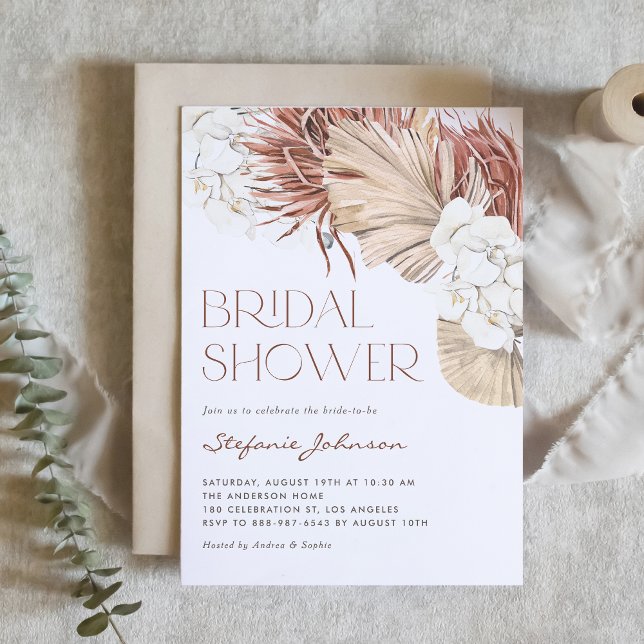 Invitación Boho Seco Palma y Orquídea Código QR Despedida de  (QR code bridal shower invitation featuring watercolor orchids, pampas grass, and dried palm leaves.)