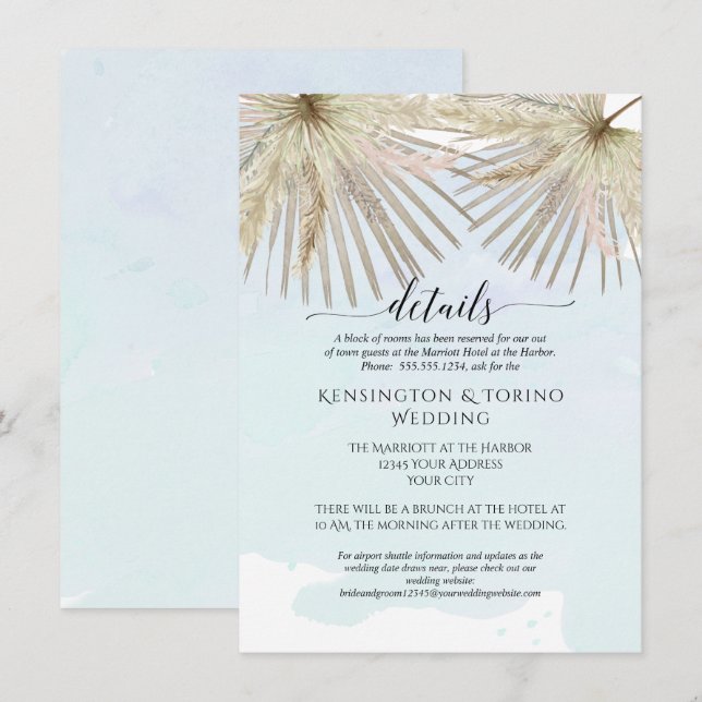 Invitación Boho Selva de Palmeras Foliaje Azul Detalles Coste (Anverso / Reverso)