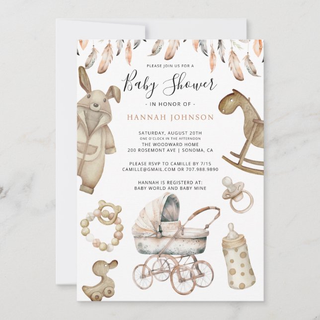 Invitación Boho Sexo Neutral Baby Toys Baby Shower (Anverso)