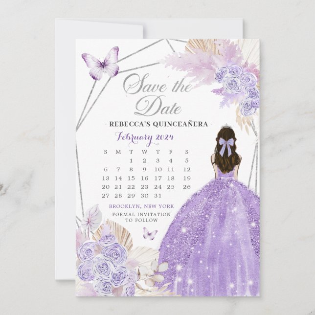 Invitación Boho Silver Lilac 15 Años Salven El Calendario De  (Anverso)