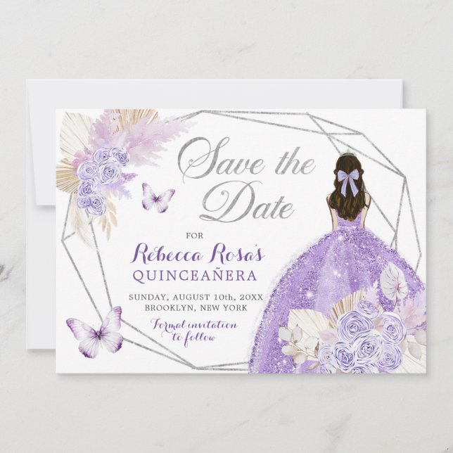 Invitación Boho Silver Lilac Floral Quinceañera Salven La Fec (Anverso)