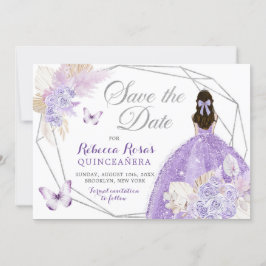 Invitación Boho Silver Lilac Floral Quinceañera Salven La Fec