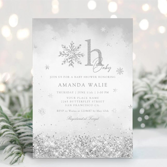 Invitación Boho Silver Purpurina Snowflake Winter Baby Shower (Subido por el creador)
