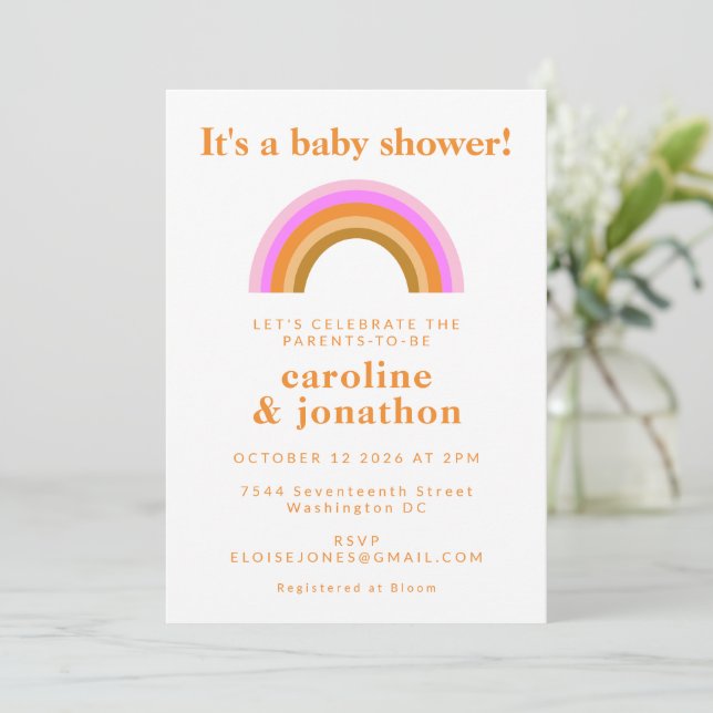 Invitación Boho simple Naranja rosa de la pareja arcoiris Bab (Anverso de pie)