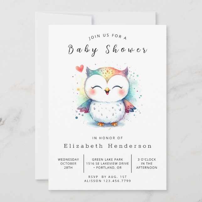 Invitación Boho Simple Owl Baby Shower (Anverso)