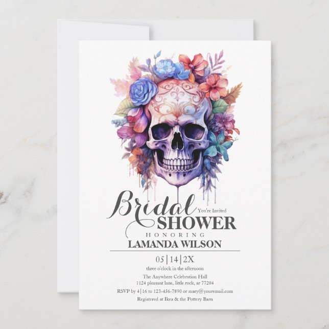 Invitación Boho Skull Agua gótica Floral Floral Bridal Shower (Anverso)