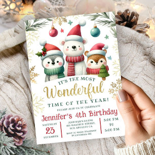 Invitación Boho Snow Animals de Winter Wonderland 4º cumpleañ
