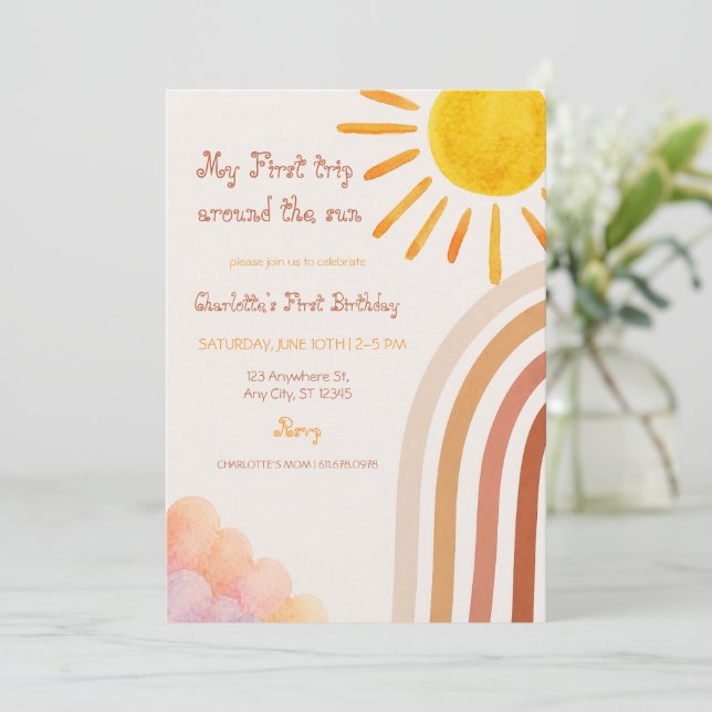Invitación Boho Sol Primer Cumpleaños Gira Alrededor del Sol (Anverso de pie)