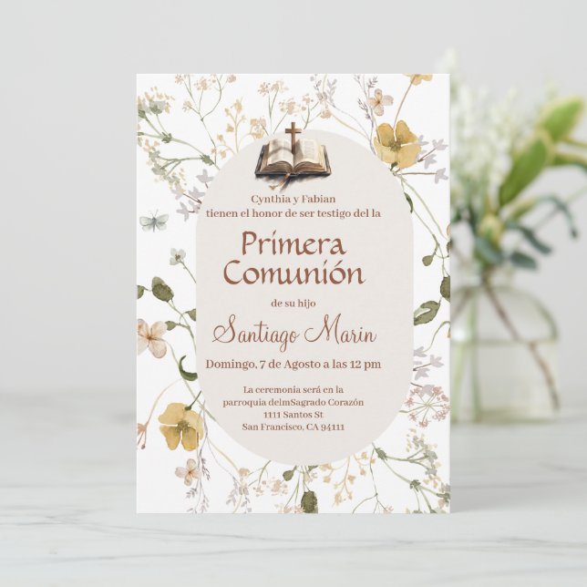 Invitación Boho Spanish First Holy Communion (Anverso de pie)