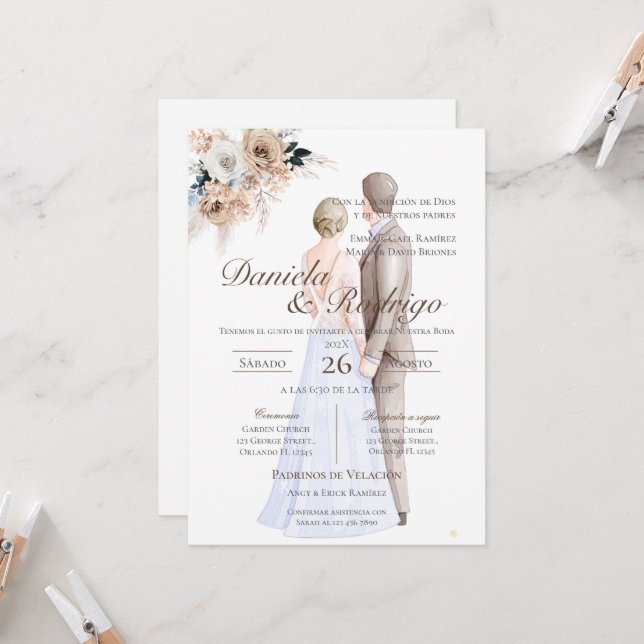 Invitación Boho Spanish with bride and groom wedding (Anverso/Reverso In Situ)