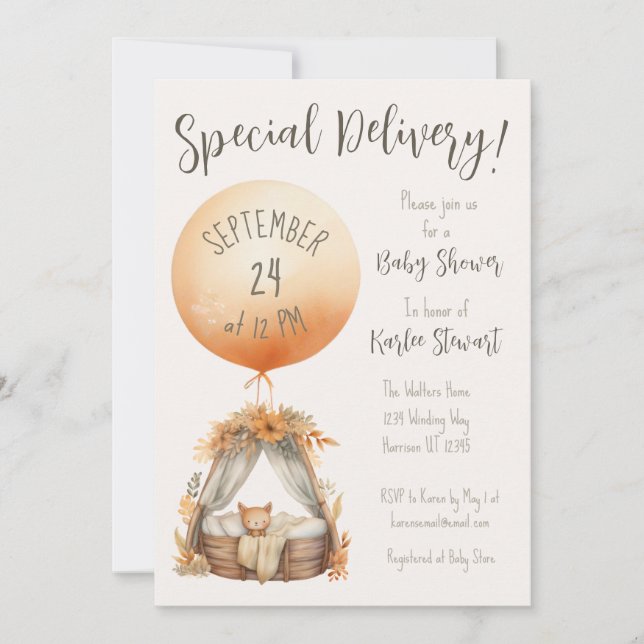 Invitación Boho Special Delivery Balloon Baby Shower (Anverso)