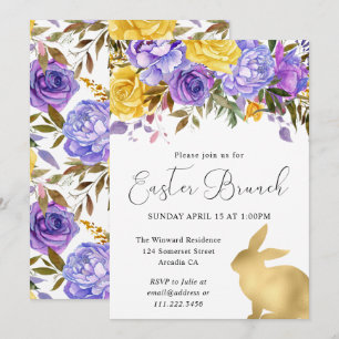 Invitación Boho Spring Flowers y Gold Bunniers Easter Brunch
