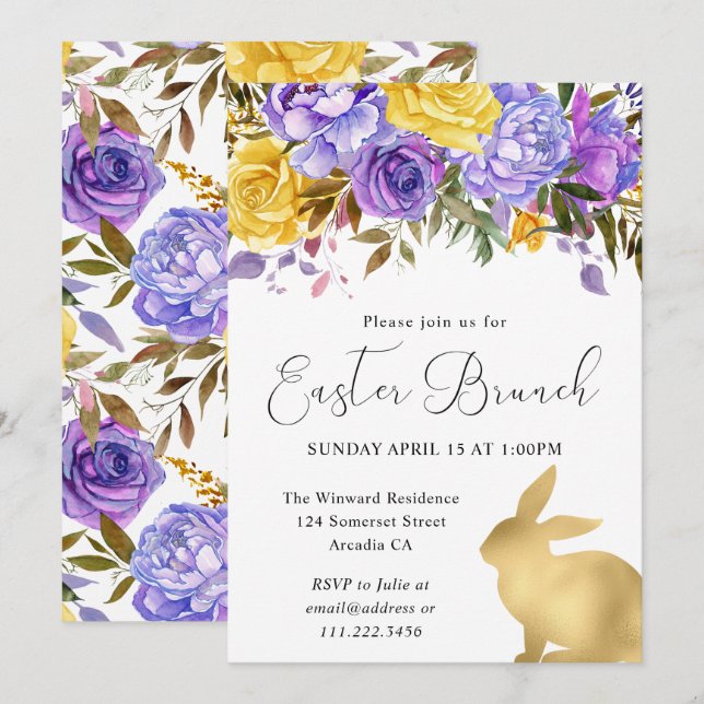 Invitación Boho Spring Flowers y Gold Bunniers Easter Brunch (Anverso / Reverso)