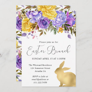 Invitación Boho Spring Flowers y Gold Bunniers Easter Brunch