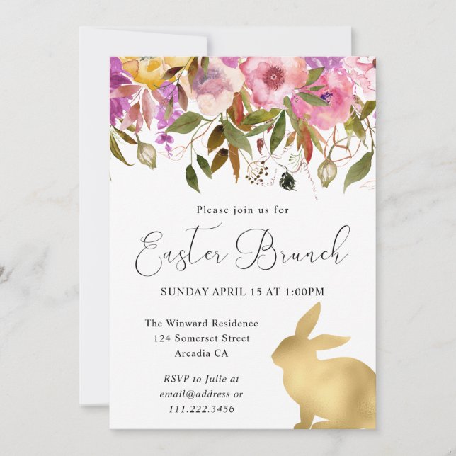 Invitación Boho Spring Flowers y Gold Bunniers Easter Brunch (Anverso)